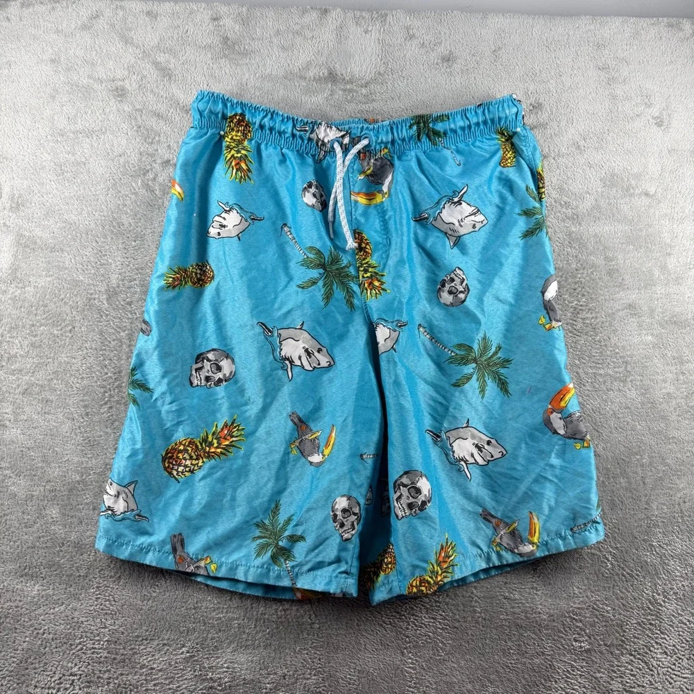 Wonder Nation Boys XL 14-16 Swim Trunks Blue Shark Skull Pineapple Tropical